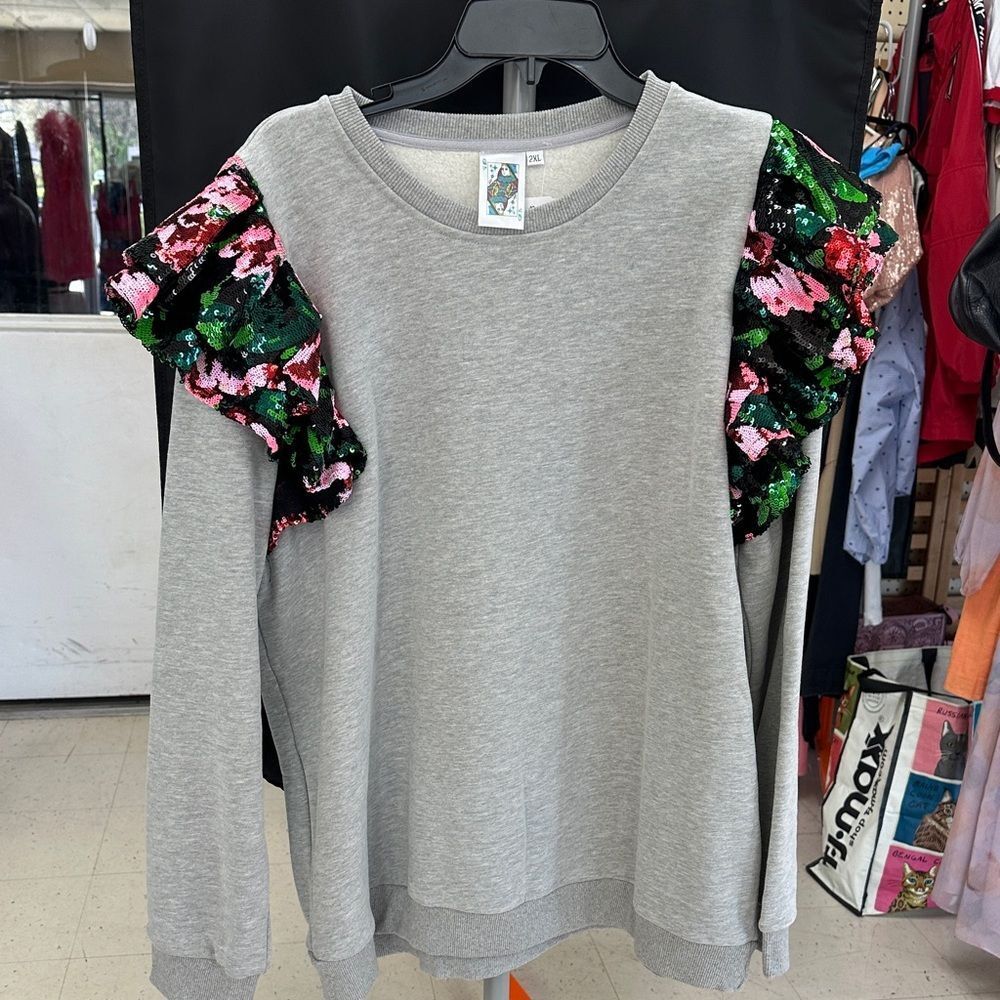 QUEEN OF SPARKLES Gray Crewneck Sweatshirt with Pink & Green Sequin Ruffles